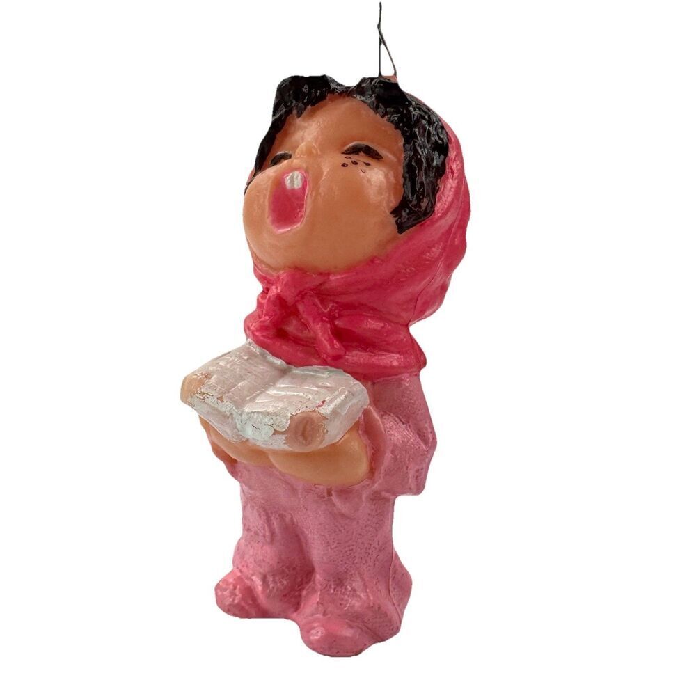 Vintage Plastic Blow Mold Christmas Caroler Ornament Pink Hood Singing Girl